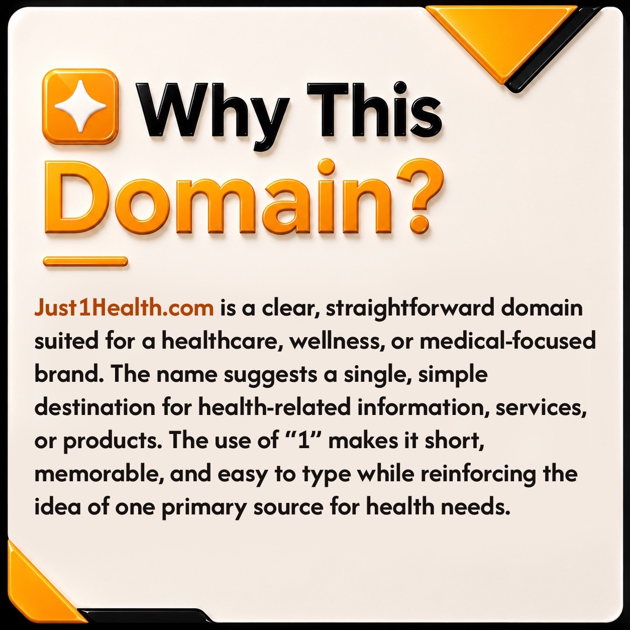 Just1Health .COM Health, Wellbeing, Medical, Healthcare Domain Name For Sale.